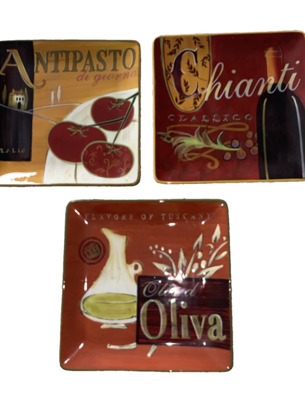 Pier 1 Cucina Chianti 8.5" Square Salad Plates Set of 3 Hand Painted Earthenware